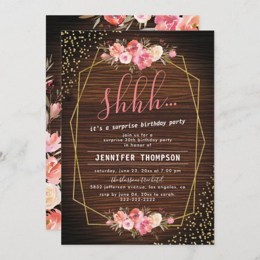 Rustiek Hout Roze Bloemen Verrassing Verjaardagsfe Kaart (Voorkant / Achterkant)