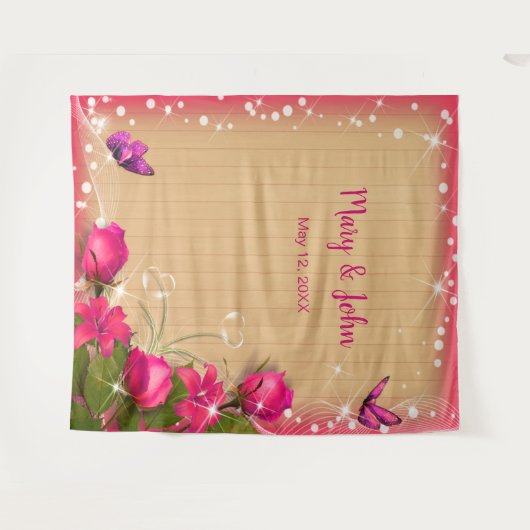 Rustiek Hout Roze Bloemen Vlinder Achtergrond Wandkleed (Voorkant (horizontaal))