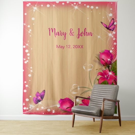 Rustiek Hout Roze Bloemen Vlinder Achtergrond Wandkleed (In situ)