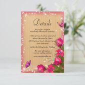 Rustiek Hout Roze Bloemen Vlinder Bruiloft Details Informatiekaartje (Staand voorkant)