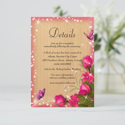 Rustiek Hout Roze Bloemen Vlinder Bruiloft Details Informatiekaartje (Staand voorkant)