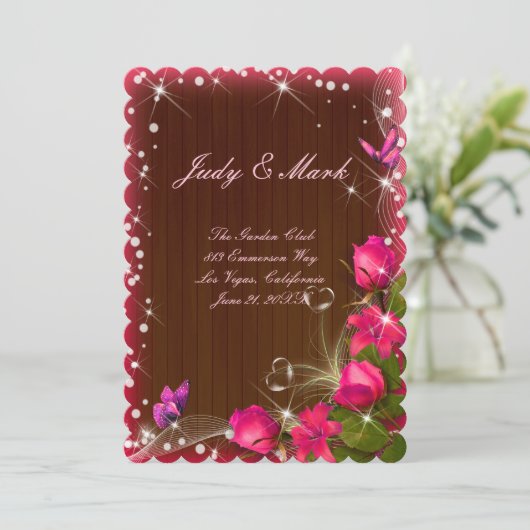 Rustiek Hout Roze Bloemen Vlinder Menu Kaart (Staand voorkant)