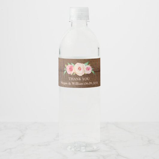 Rustiek Hout Roze  Bloemen Water Flesje Label Waterfles Etiket (Voorkant)