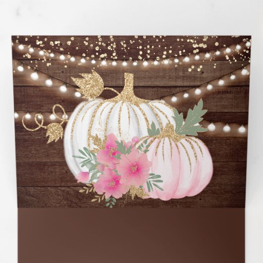Rustiek Hout Roze Bloemen Wit Pompoen Herfst Bruil Drieluik Uitnodiging (Binnenzijde eerst)