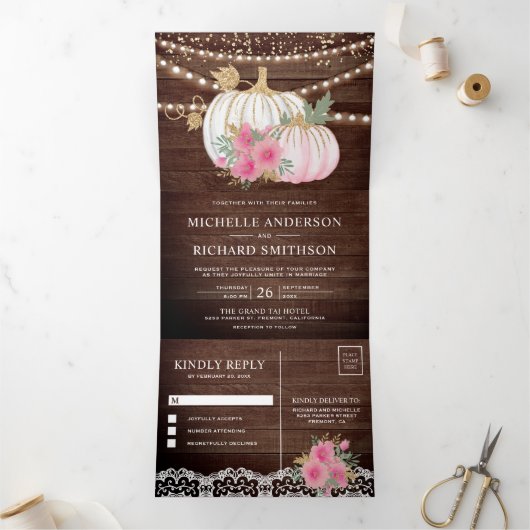 Rustiek Hout Roze Bloemen Wit Pompoen Herfst Bruil Drieluik Uitnodiging (Binnen)