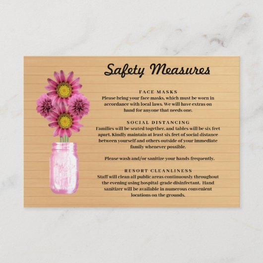 Rustiek hout roze bloemenmetselaar pot veiligheids informatiekaartje (Voorkant)