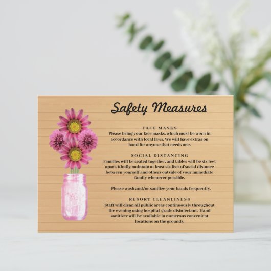 Rustiek hout roze bloemenmetselaar pot veiligheids informatiekaartje (Staand voorkant)