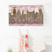 Rustiek Hout Roze Kant Meisje Baby shower Spandoek (Insitu)