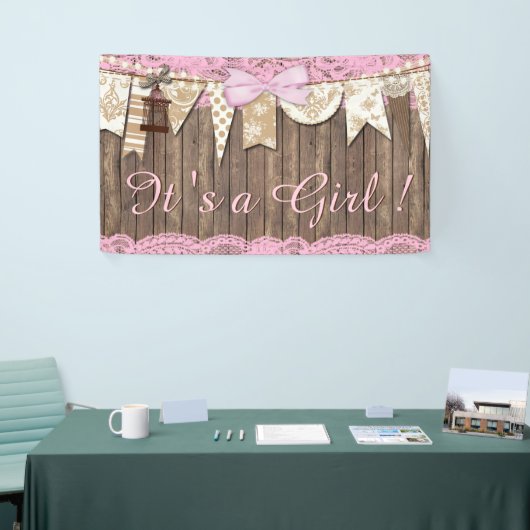 Rustiek Hout Roze Kant Meisje Baby shower Spandoek (Beurs)