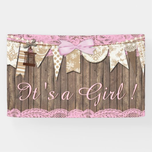 Rustiek Hout Roze Kant Meisje Baby shower Spandoek (Horizontaal)