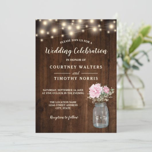 Rustiek Hout Roze Pioen Bloemen Mason Jar | Bruilo Kaart (Staand voorkant)