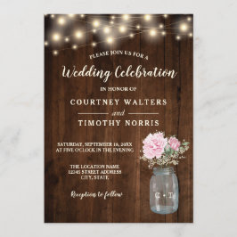 Rustiek Hout Roze Pioen Bloemen Mason Jar | Bruilo Kaart