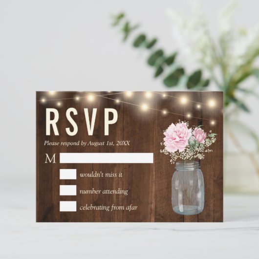 Rustiek Hout Roze Pioen Bloemen Mason | RSVP-kaart Kaart (Staand voorkant)