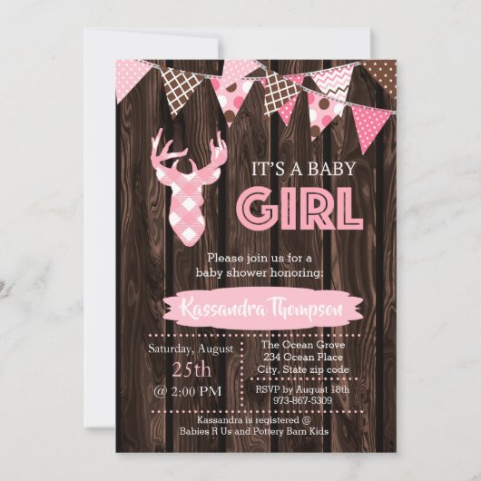 Rustiek Hout Roze Plaid Herten Baby shower Invitat Kaart (Voorkant)