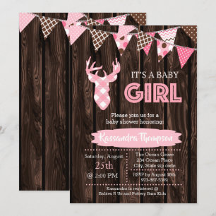 Rustiek Hout Roze Plaid Herten Baby shower Invitat Kaart
