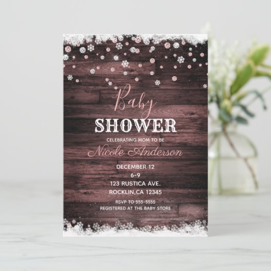 Rustiek Hout Roze Rose Goud Winter Snow Baby showe Kaart (Staand voorkant)
