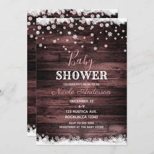 Rustiek Hout Roze Rose Goud Winter Snow Baby showe Kaart (Voorkant / Achterkant)