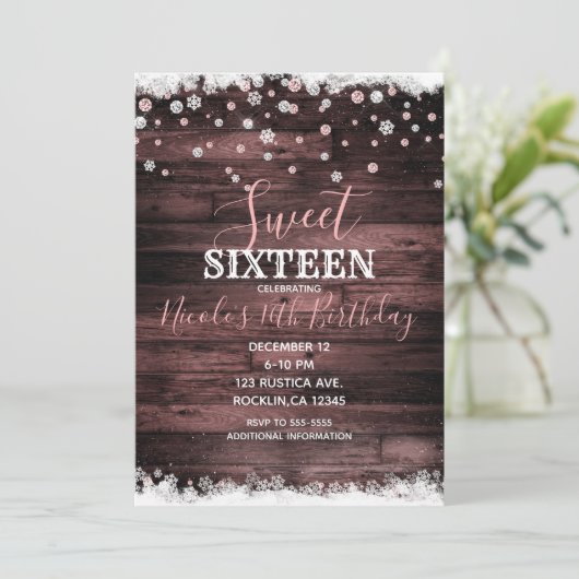 Rustiek Hout Roze Rose Snowy Winter Sweet 16 Party Kaart (Staand voorkant)