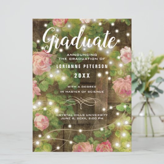 Rustiek Hout Rozen Bloemen String Lights Afstudere Aankondiging (Staand voorkant)