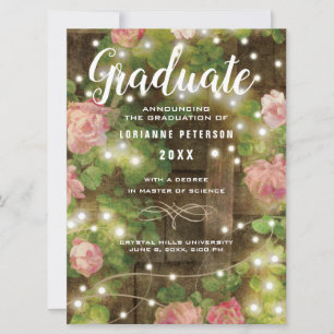 Rustiek Hout Rozen Bloemen String Lights Afstudere Aankondiging