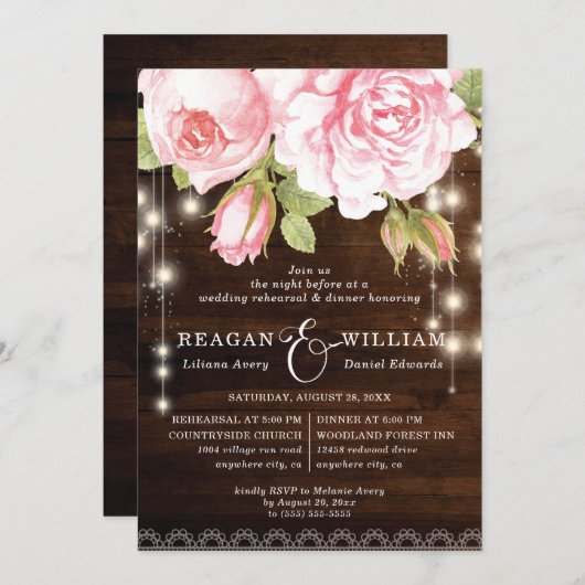 Rustiek Hout Rozen & Lichten Repetitie Diner Kaart (Voorkant / Achterkant)