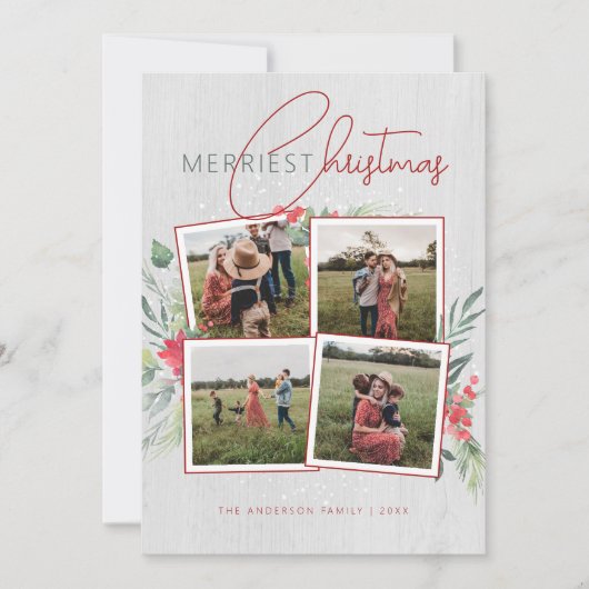 Rustiek Hout & Script 4 Foto Merriest Christmas Feestdagenkaart (Voorkant)