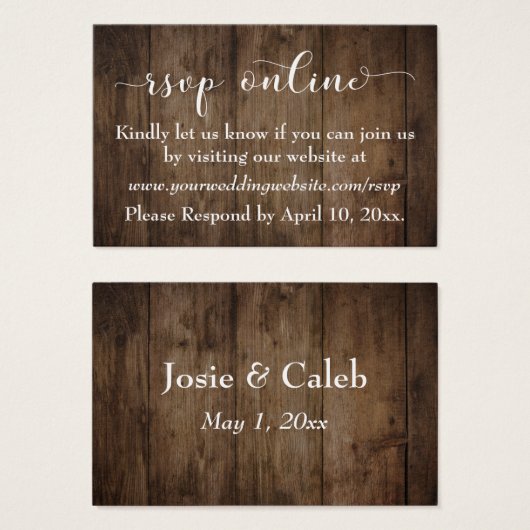 Rustiek Hout & Script Bruiloft RSVP Online Inserts Visitekaartjes (Voorkant /achterkant)