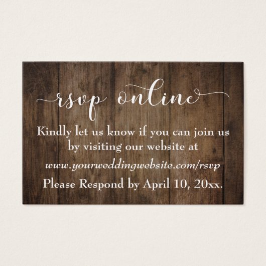 Rustiek Hout & Script Bruiloft RSVP Online Inserts Visitekaartjes (Voorkant)