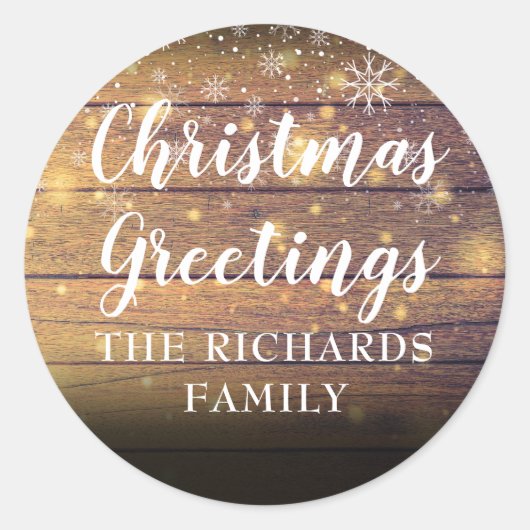 Rustiek Hout Script Kerstmis Groeten Familienaam Ronde Sticker (Voorkant)