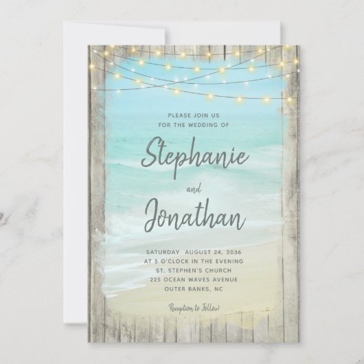 Rustiek Hout Script String Lights Strand Bruiloft Kaart (Voorkant)