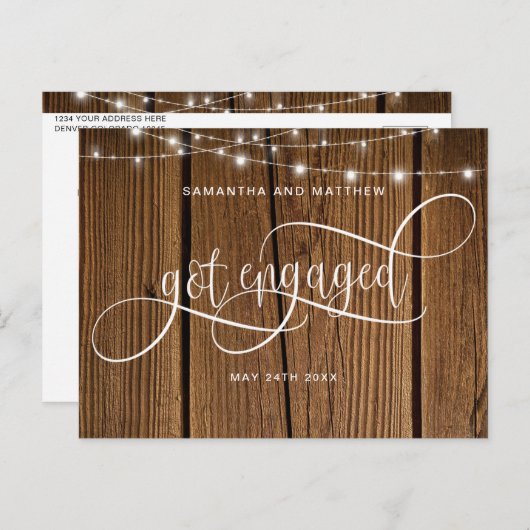 Rustiek hout, slingerlichtjes Verloven, Verlovings Aankondigingskaart (Voorkant / Achterkant)