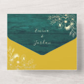 Rustiek hout smaragdgroen en gele bruiloft all in one uitnodiging (Achterkant)