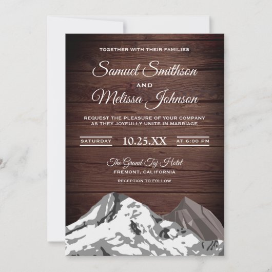 Rustiek hout sneeuw bedekte bergen bruiloft uitnod kaart (Voorkant)