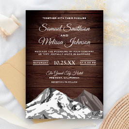 Rustiek hout sneeuw bedekte bergen bruiloft uitnod kaart