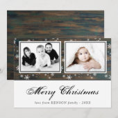 Rustiek hout sneeuwvlok Vrolijk kerstfeest 2 foto Feestdagenkaart (Voorkant / Achterkant)