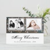 Rustiek hout sneeuwvlok Vrolijk kerstfeest 2 foto Feestdagenkaart (Staand voorkant)