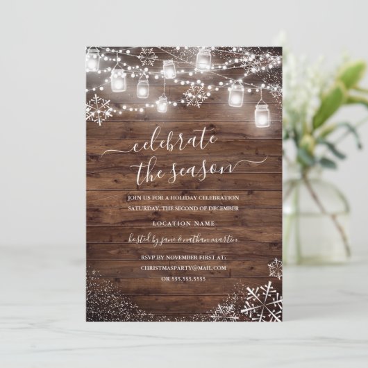 Rustiek Hout Snowflake String Lichten Rood Kerstmi Kaart (Staand voorkant)