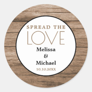 Rustiek hout spreid de liefde bruiloft gunst ronde sticker