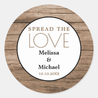 Rustiek hout spreid de liefde bruiloft gunst ronde sticker