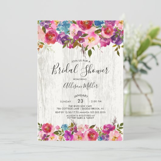 Rustiek Hout Spring Bloemen Bruids Douche Uitnodig Kaart (Staand voorkant)
