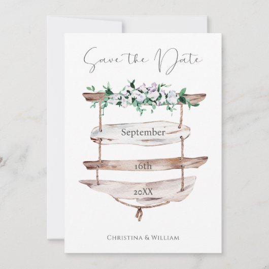 Rustiek hout strand teken Waterverf Floral Save The Date (Voorkant)