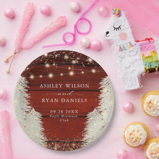 Rustiek hout | Strijklichten | Bomen Bruiloft Papieren Bordje (Feest)