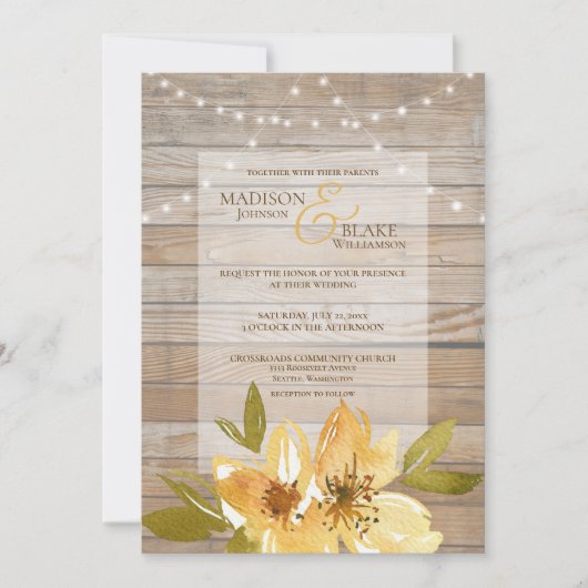 Rustiek Hout String Lichten Geel Bloemen Huwelijk Kaart (Voorkant)