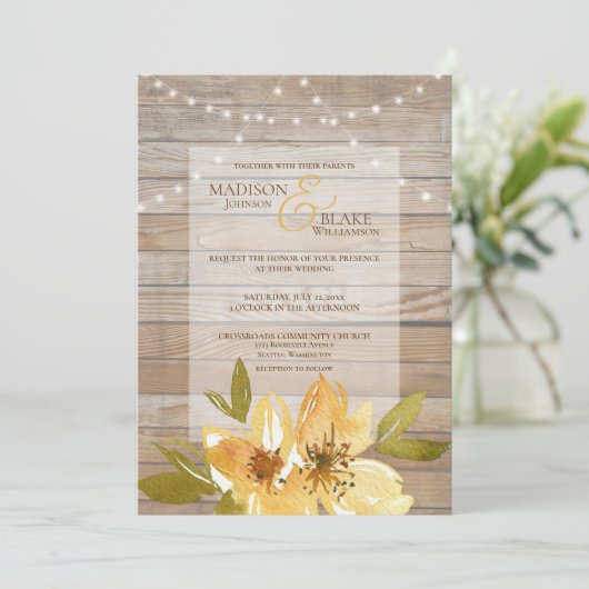 Rustiek Hout String Lichten Geel Bloemen Huwelijk Kaart (Staand voorkant)