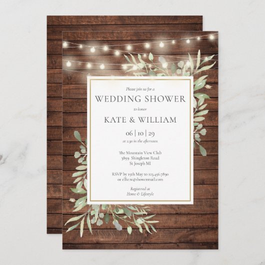 Rustiek Hout String Lichten Groen Trouwdouche Kaart (Voorkant / Achterkant)