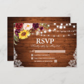 Rustiek Hout String Lichten Kant Bloemen Huwelijk RSVP Kaartje (Voorkant / Achterkant)
