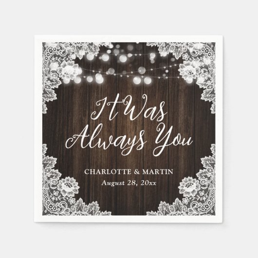 Rustiek Hout String Lights Bloemen Kant Trouwen Servet (Voorkant)