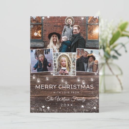 Rustiek Hout String Lights Mason Jars Plaid Feestdagenkaart (Staand voorkant)