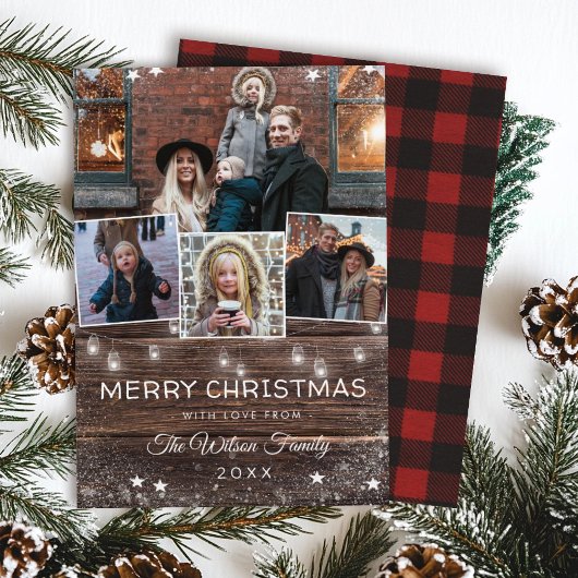 Rustiek Hout String Lights Mason Jars Plaid Feestdagenkaart