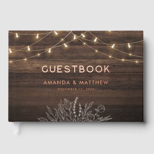 Rustiek Hout String Lights Wedding Gold Folie Gastenboek (Voorkant)
